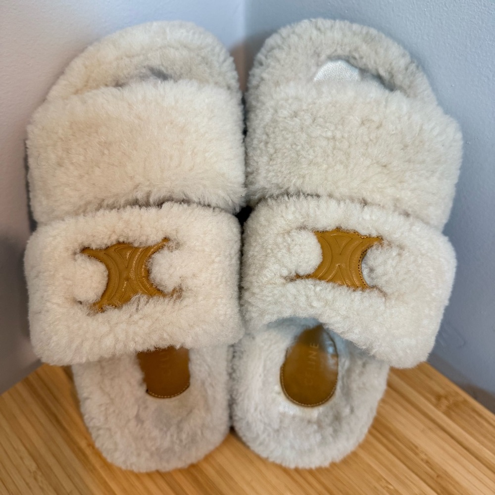 Celine Fur Flat Slides - Cozy Shearling Slippers with Accents - Size 6 - Picture 5 of 10